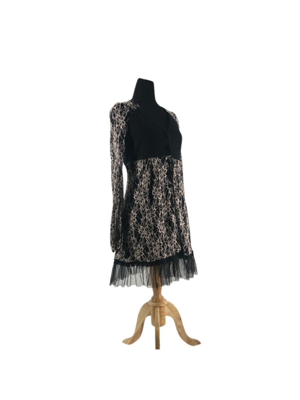 A'Reve lace babydoll dress knit V-neck bodice sheer floral lace sleeves sz sm